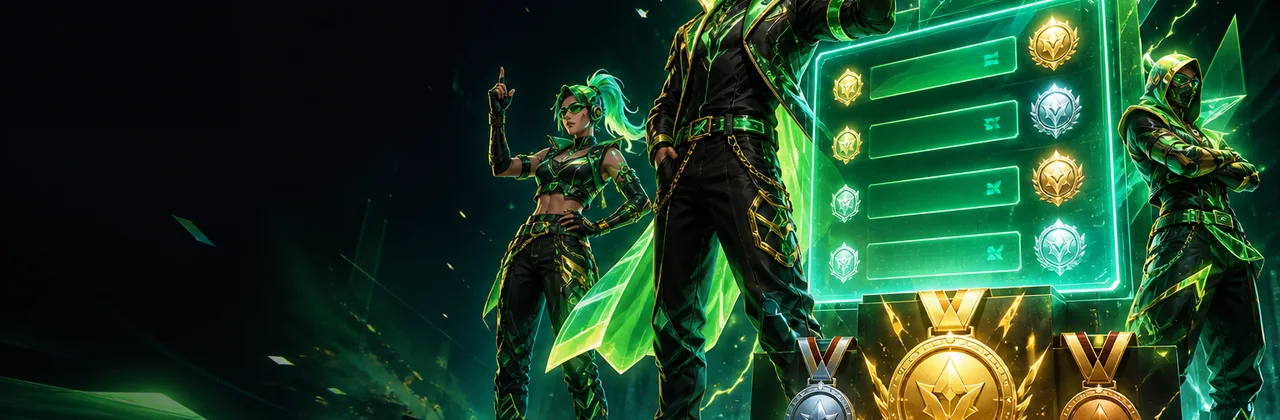 Banner bảng hạng cyber với huy chương và bảng thành tích hologram