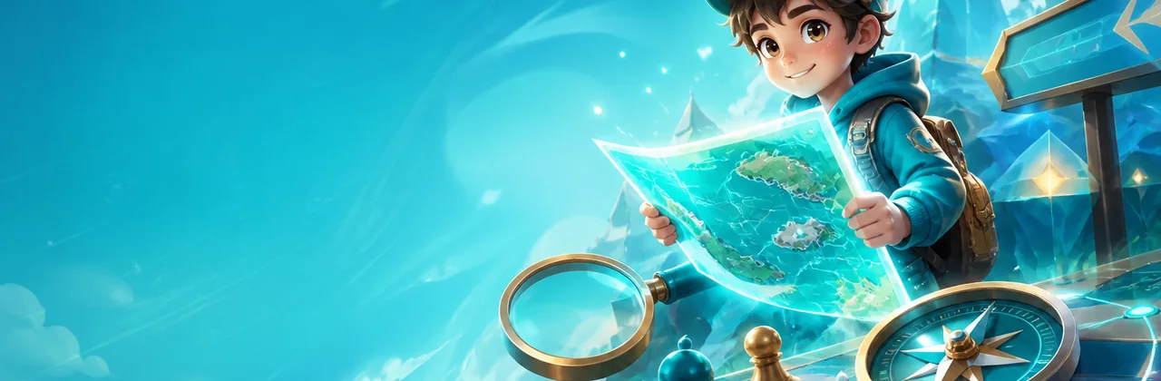 Banner cẩm nang với bản đồ phát sáng và nhân vật hướng dẫn